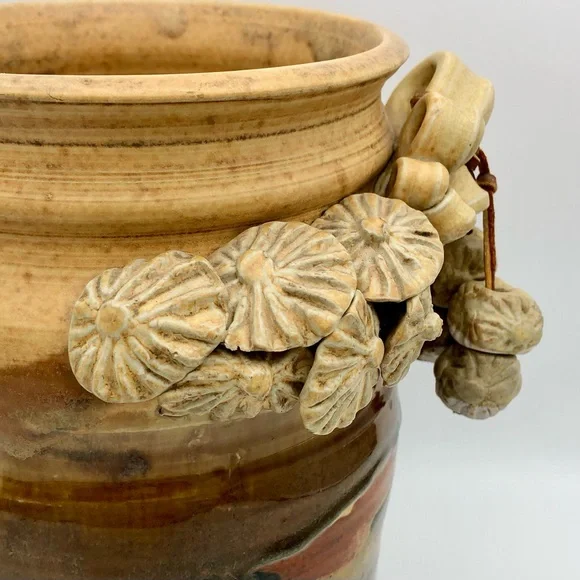 Large Pottery Crock Vase Hand Made Beads On Leather Dangle Applied Floral Relief - Picture 10 of 15